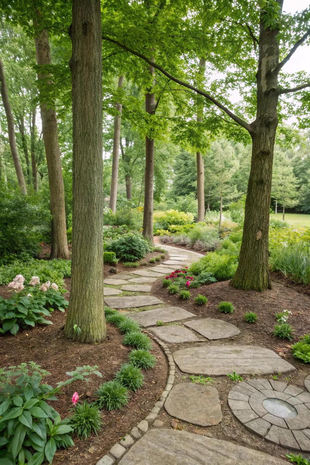 Flagstone rings add a polished touch to trees in the garden.