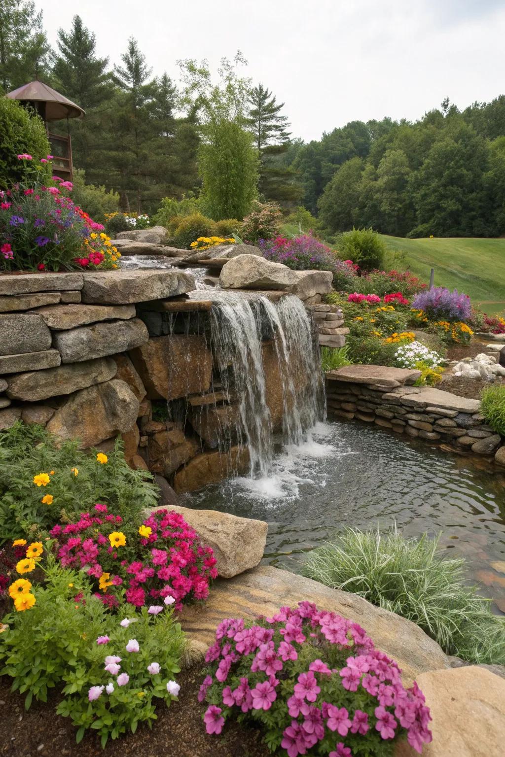A vibrant flagstone waterfall surrounded by colorful flowers.