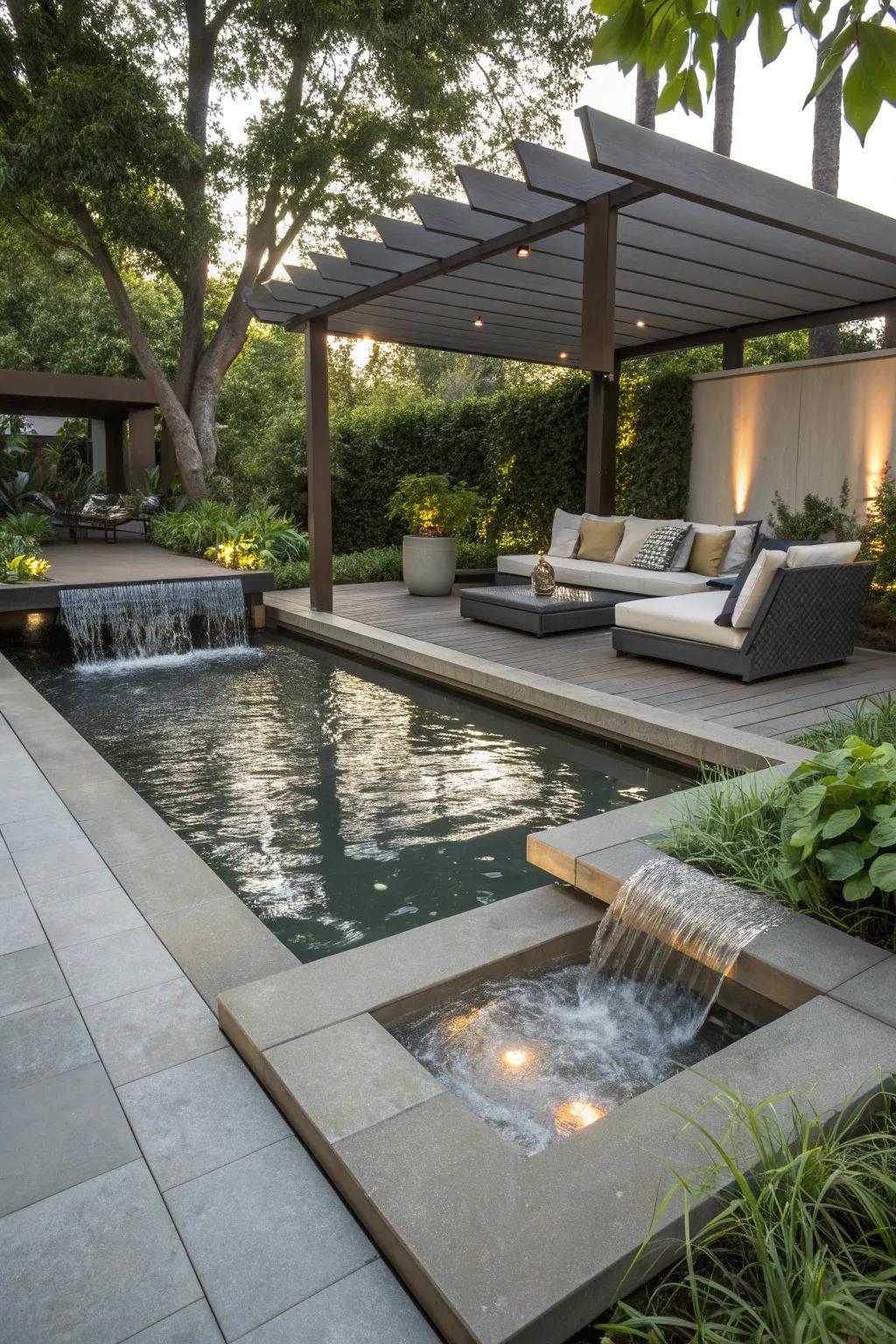 A water feature adds tranquility and elegance to this floating patio.