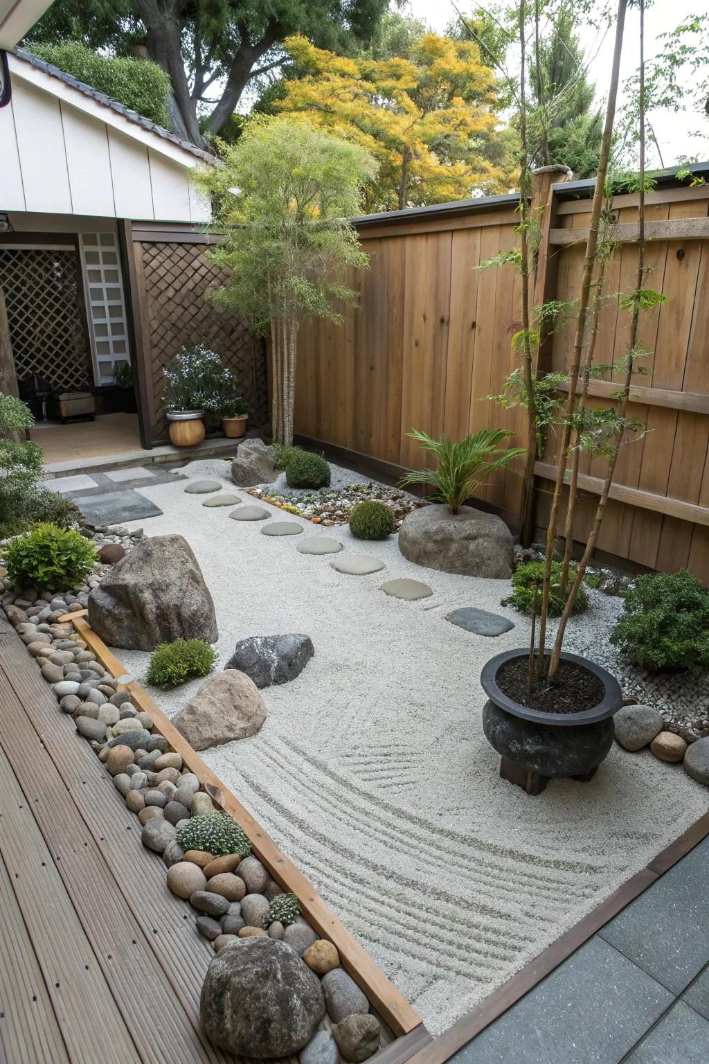 A serene Zen garden corner with stones and a water feature.