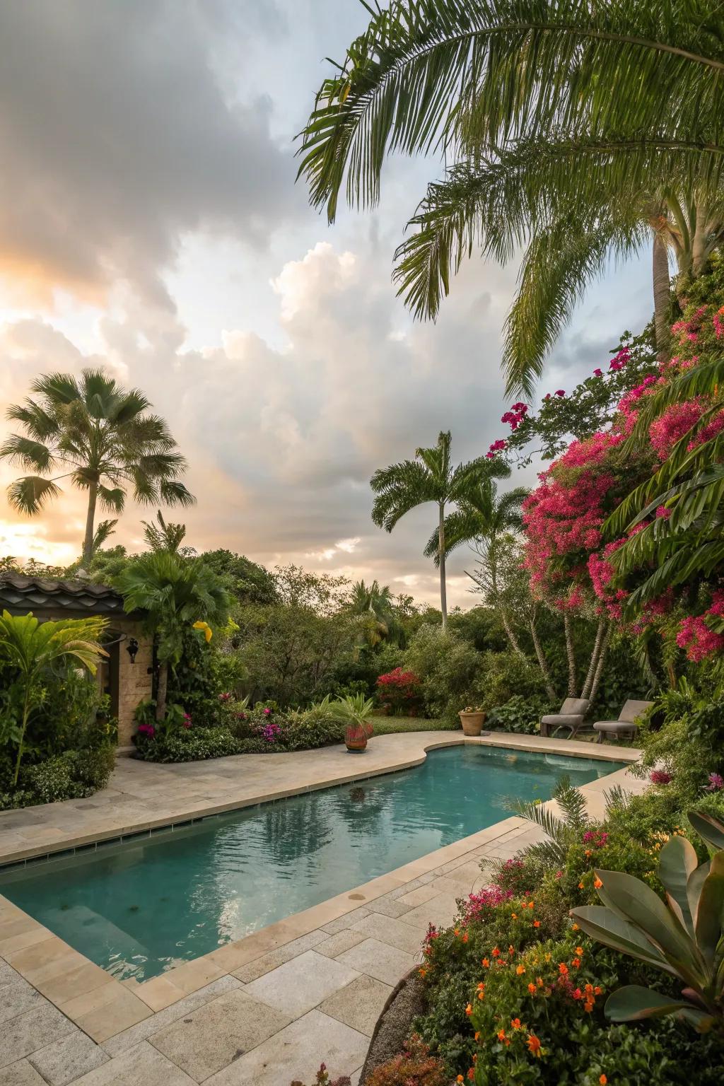 Lush greenery creating a tropical escape around the pool.