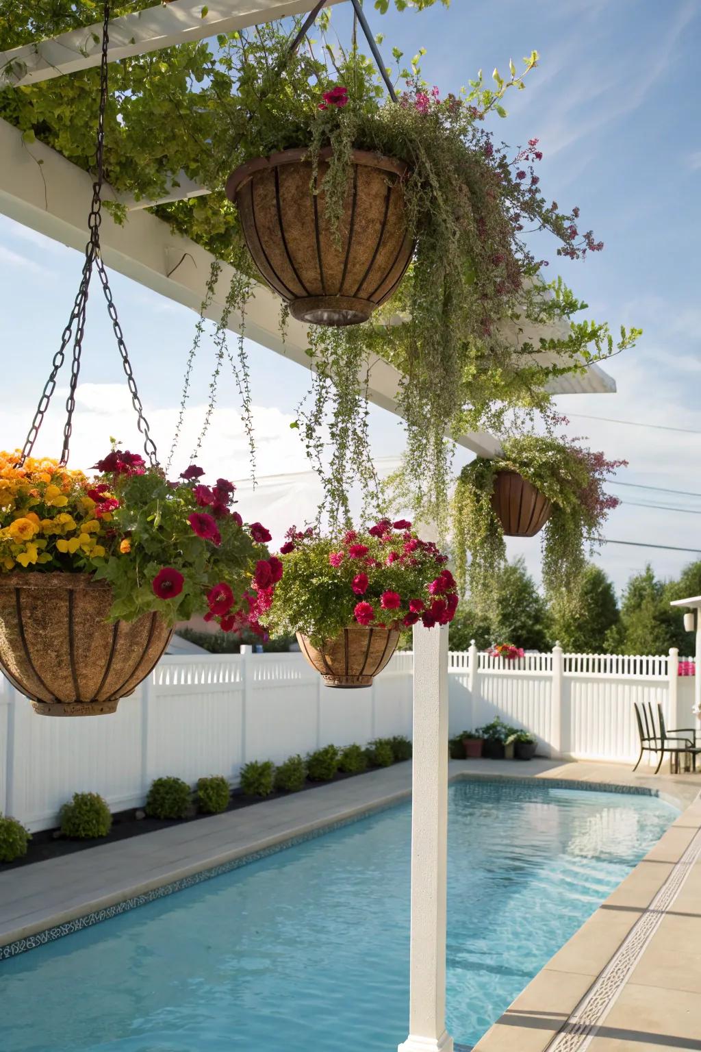 Hanging baskets add vertical interest with cascading floral displays.