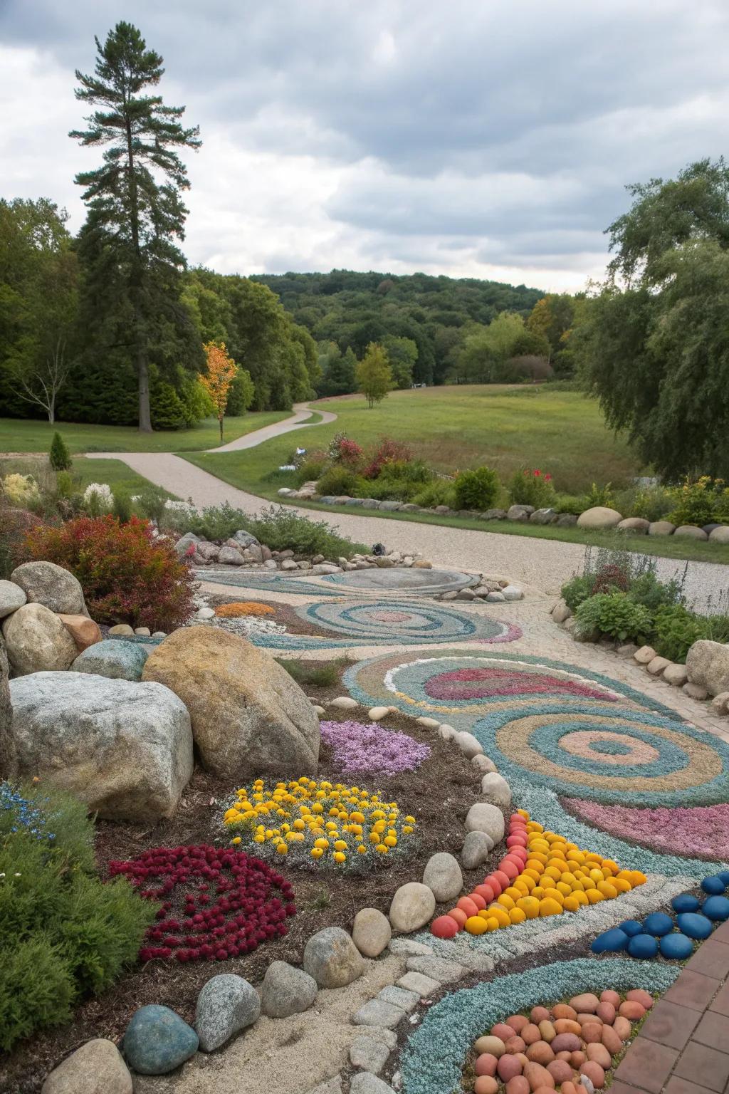 Colorful rocks adding visual interest to the garden.