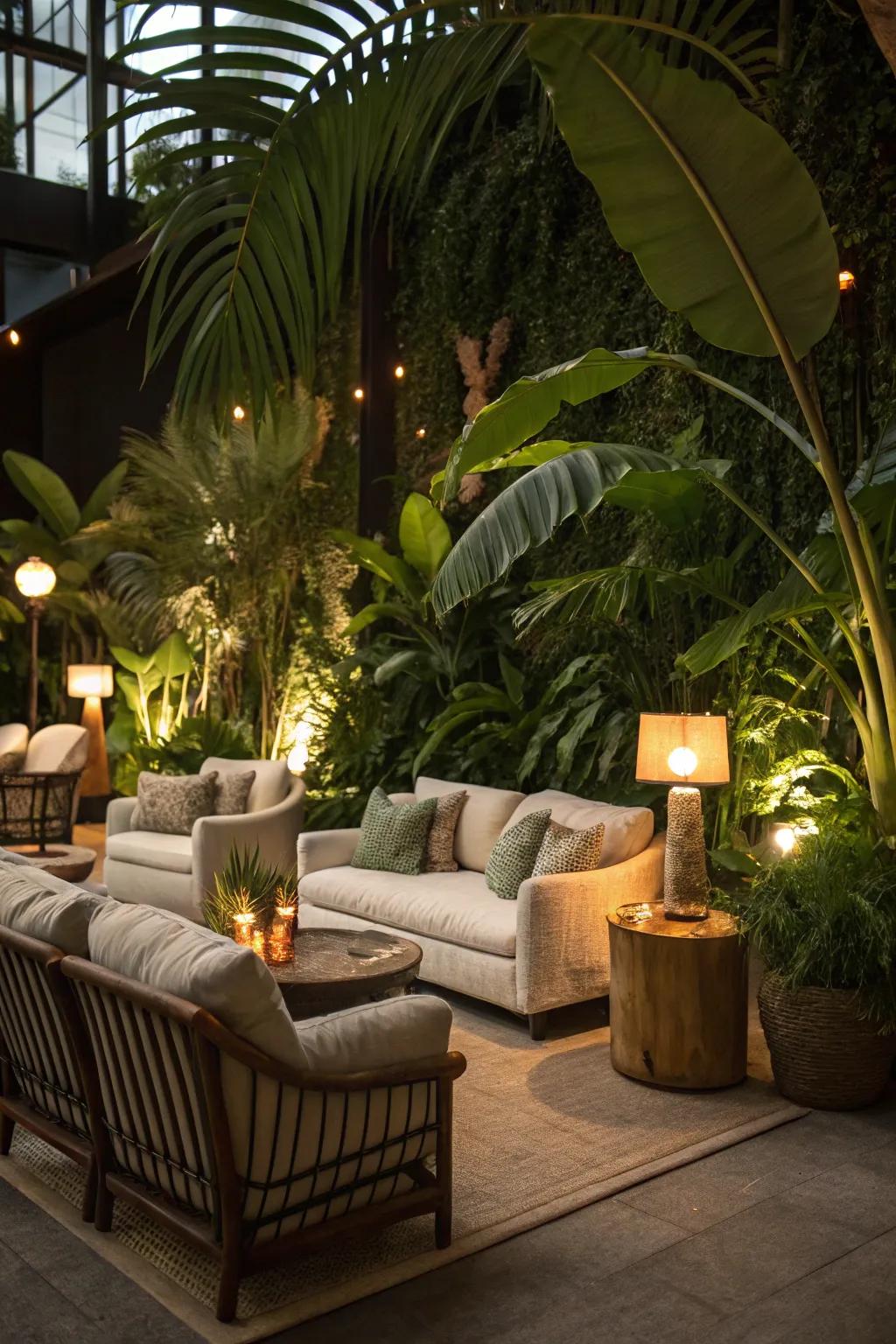 Cozy seating nooks nestled in greenery invite relaxation.