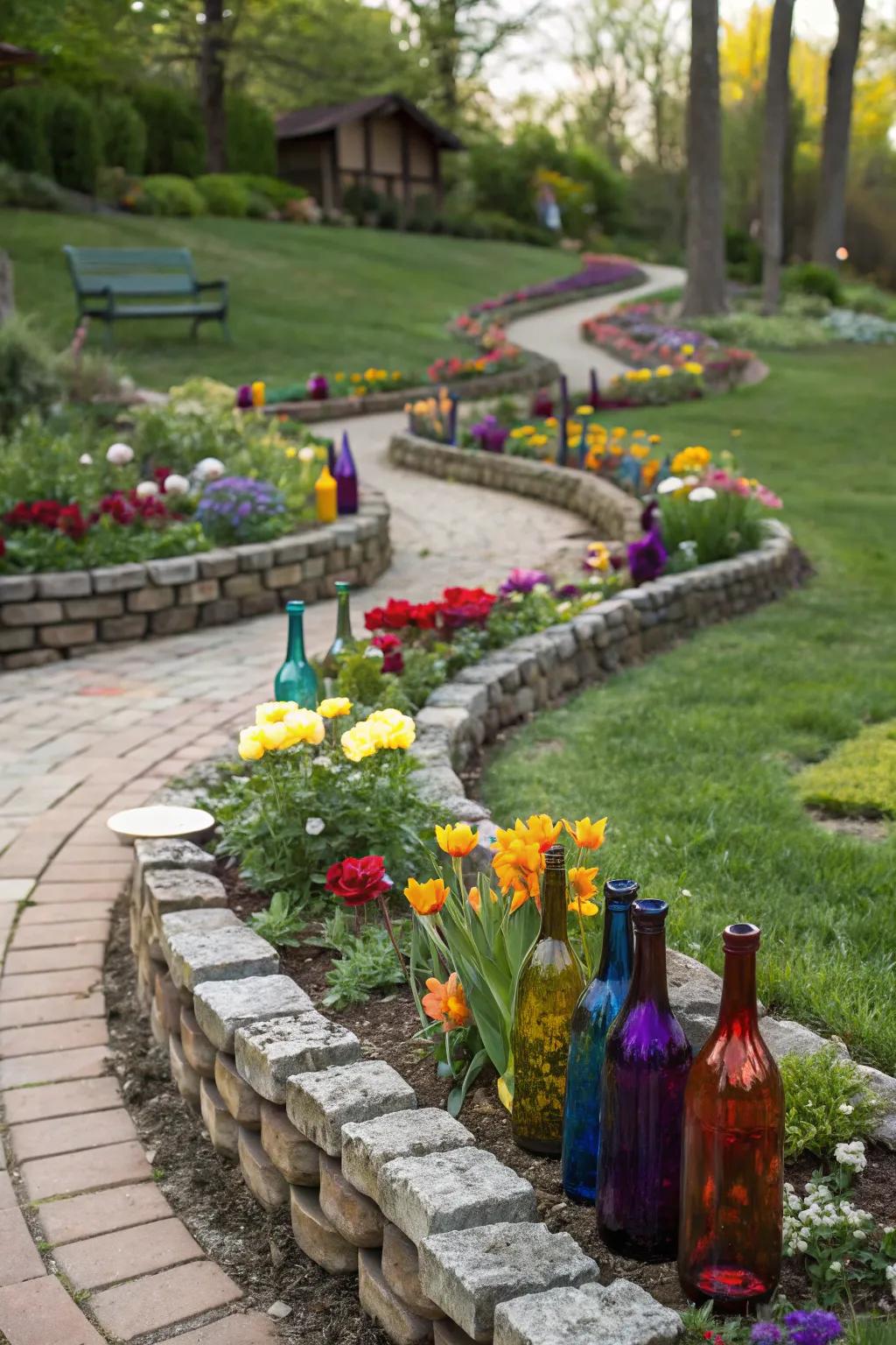 Whimsical charm with glass bottle borders.