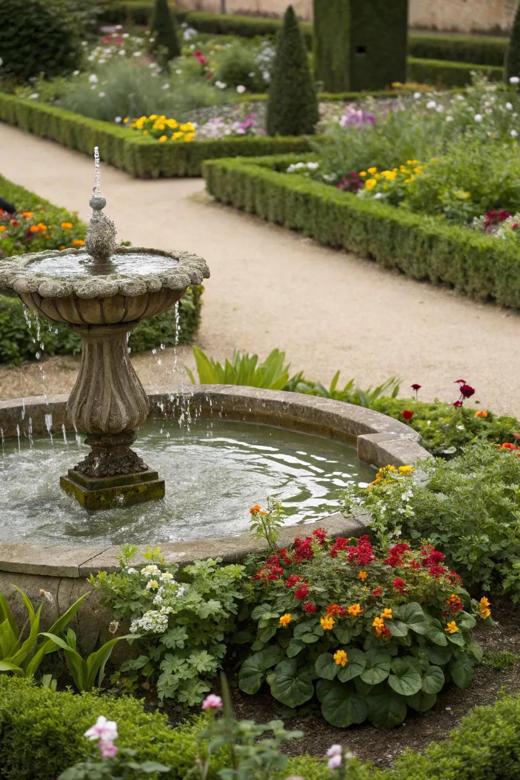 A water feature adds tranquility and life to this flower bed.
