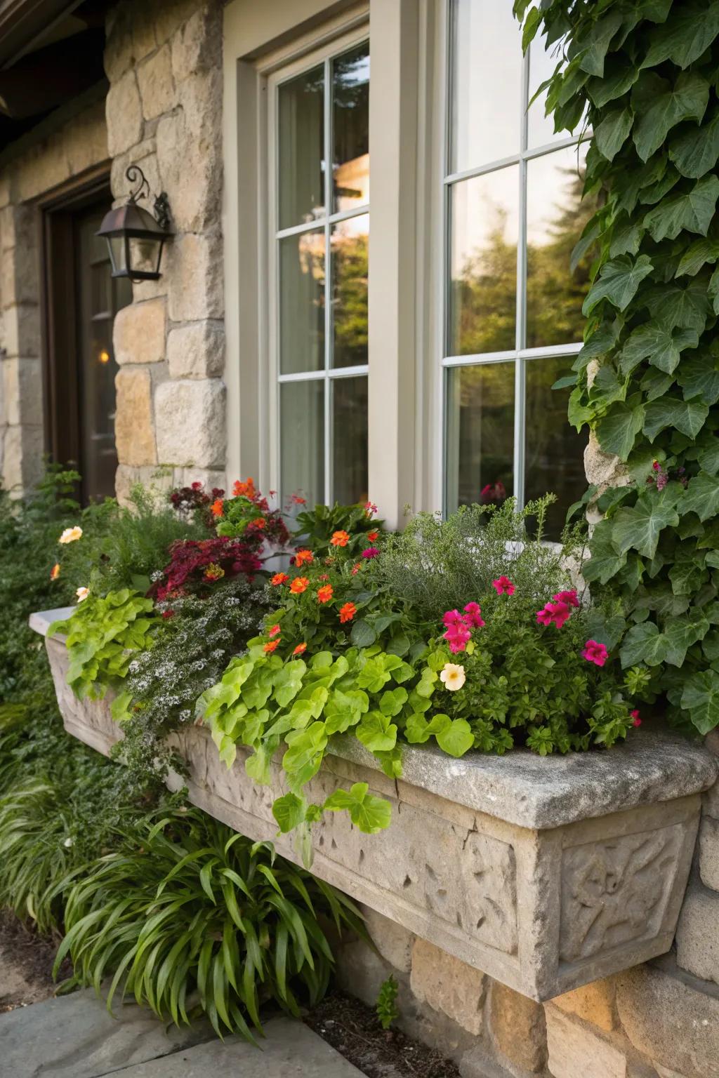 Stone flower boxes provide a natural, timeless appeal.