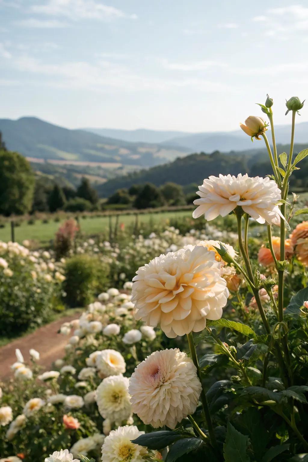 A garden with neutral flowers and a pop of color