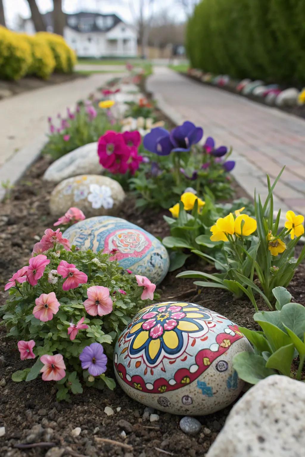Whimsical painted rocks adding charm to a garden.