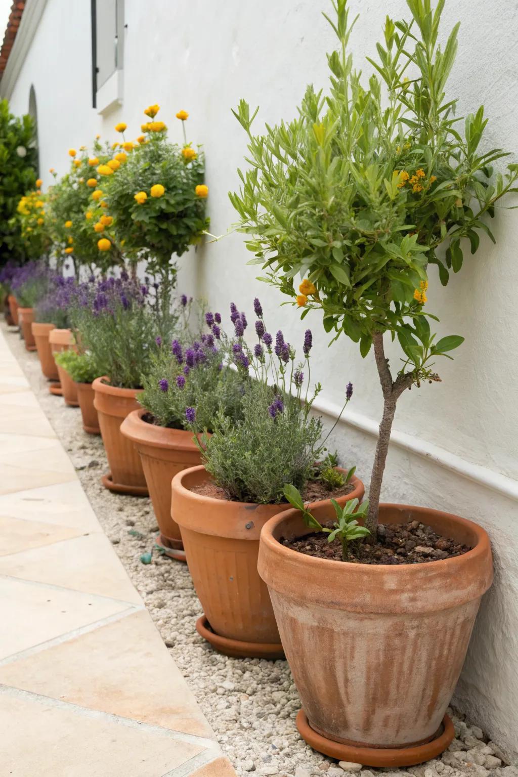 Infuse Mediterranean charm with terracotta and aromatic plants.