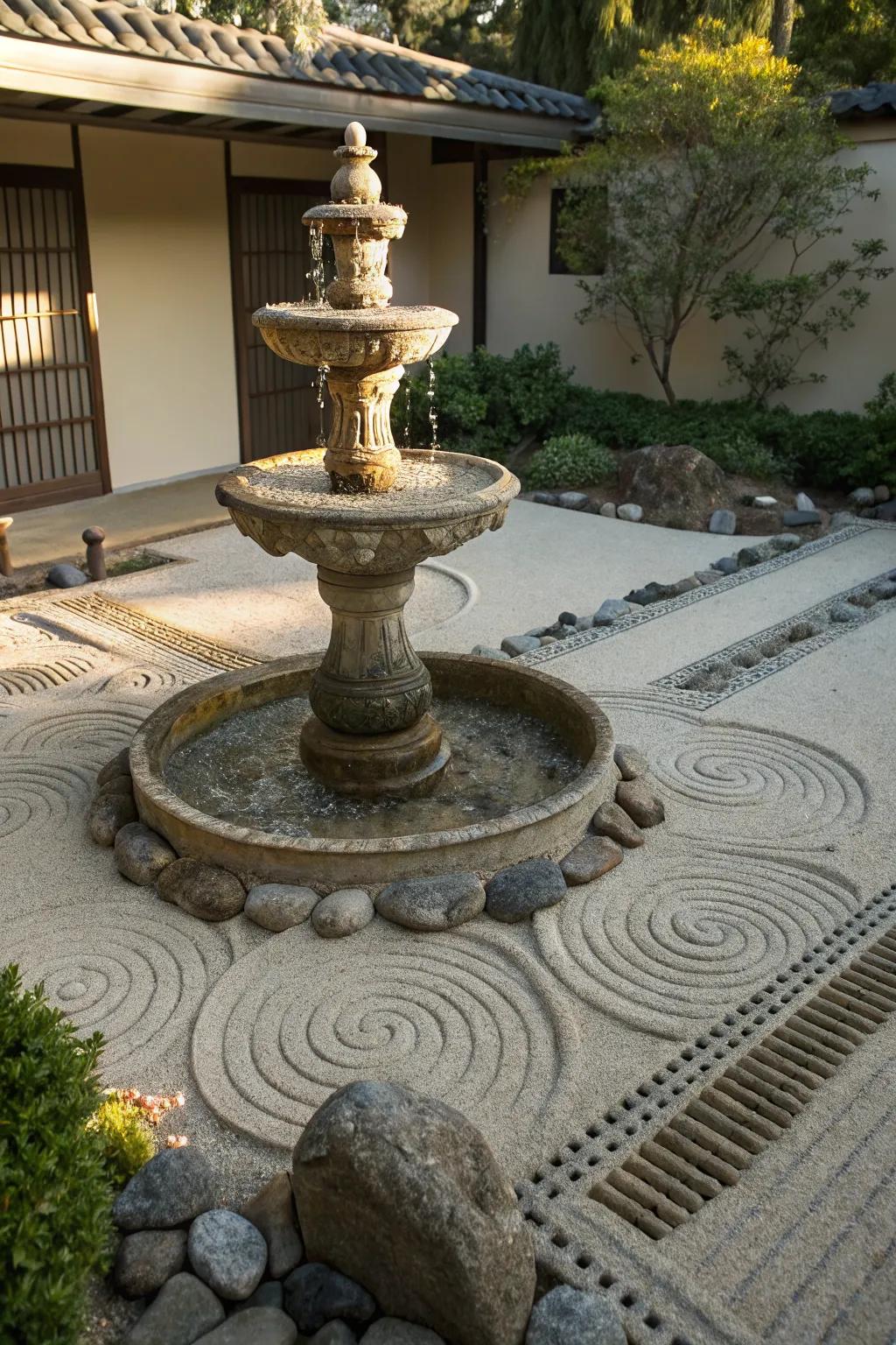 A Zen garden base promotes tranquility and mindfulness.