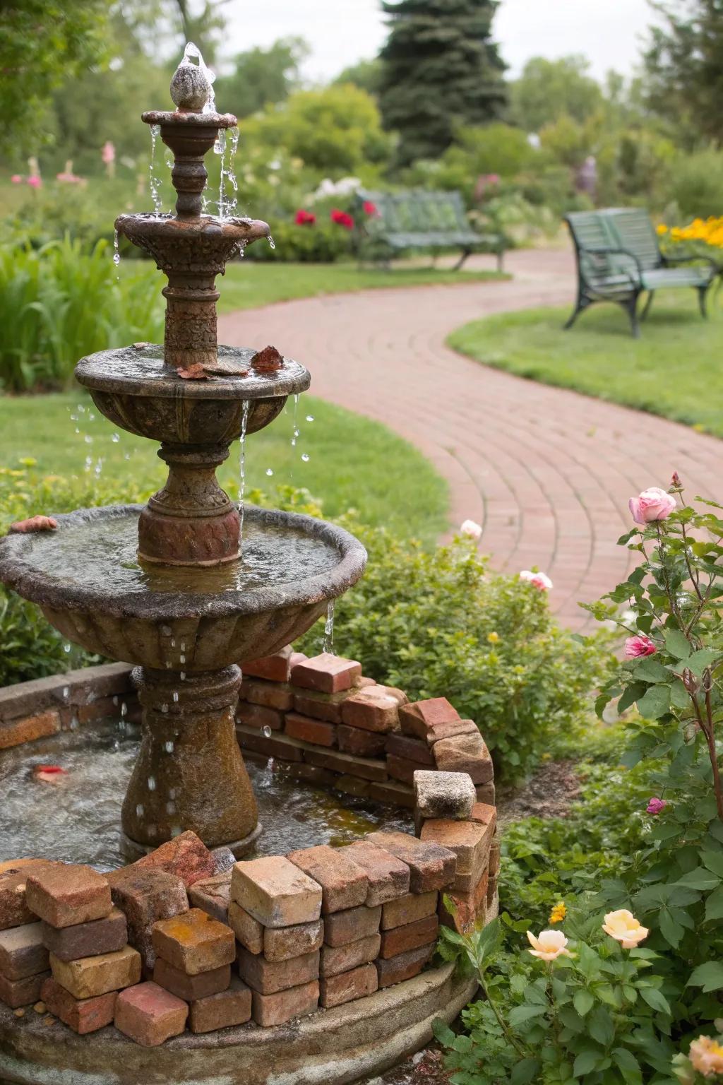 A unique garden fountain crafted from recycled materials.