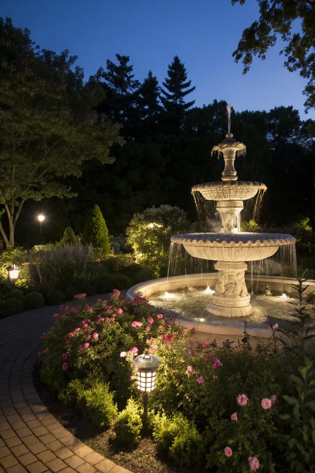 Garden fountain with magical nighttime lighting.