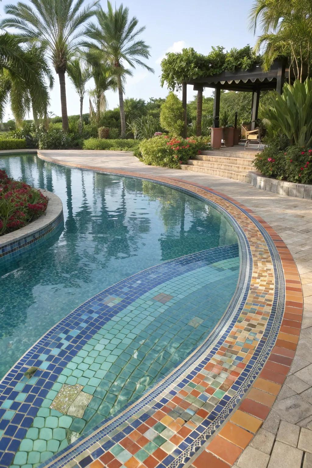 Vibrant mosaic tiles make this freeform pool a striking backyard centerpiece.