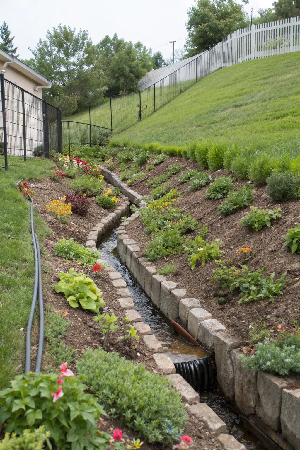 A sloped garden managed by a French drain.