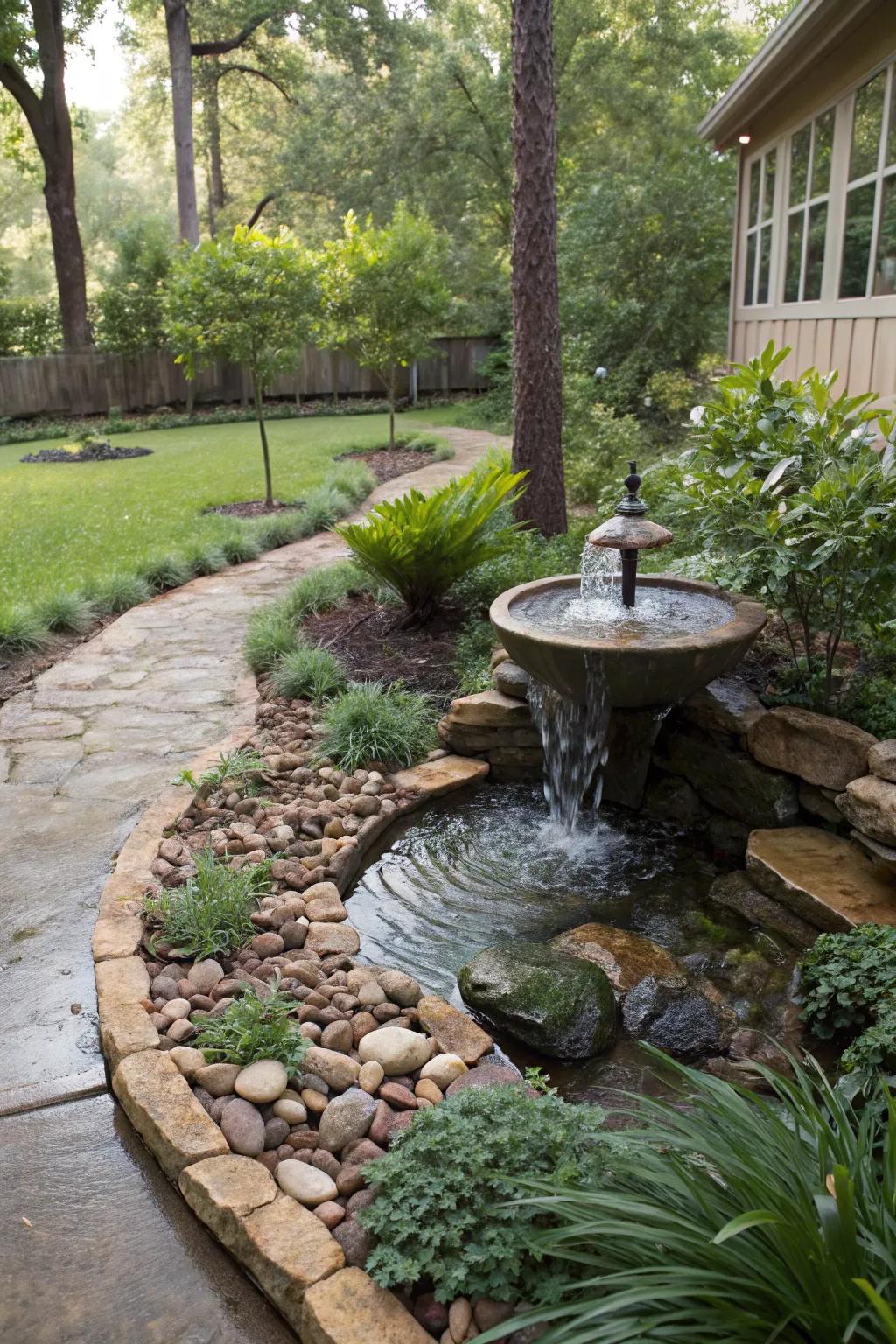 Create a serene garden retreat with water features linked to French drains.