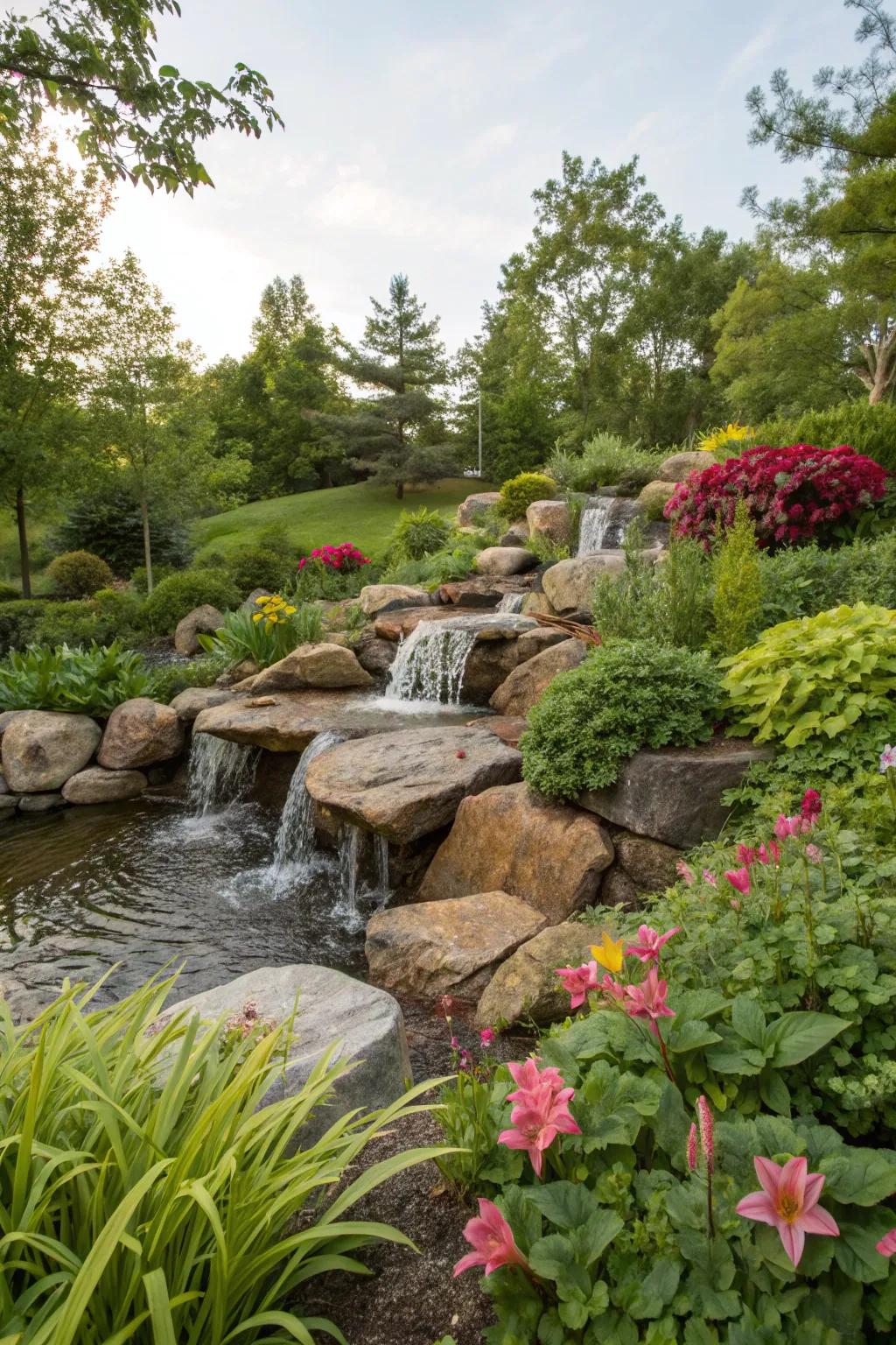 A pondless waterfall adds sound and beauty in limited space.