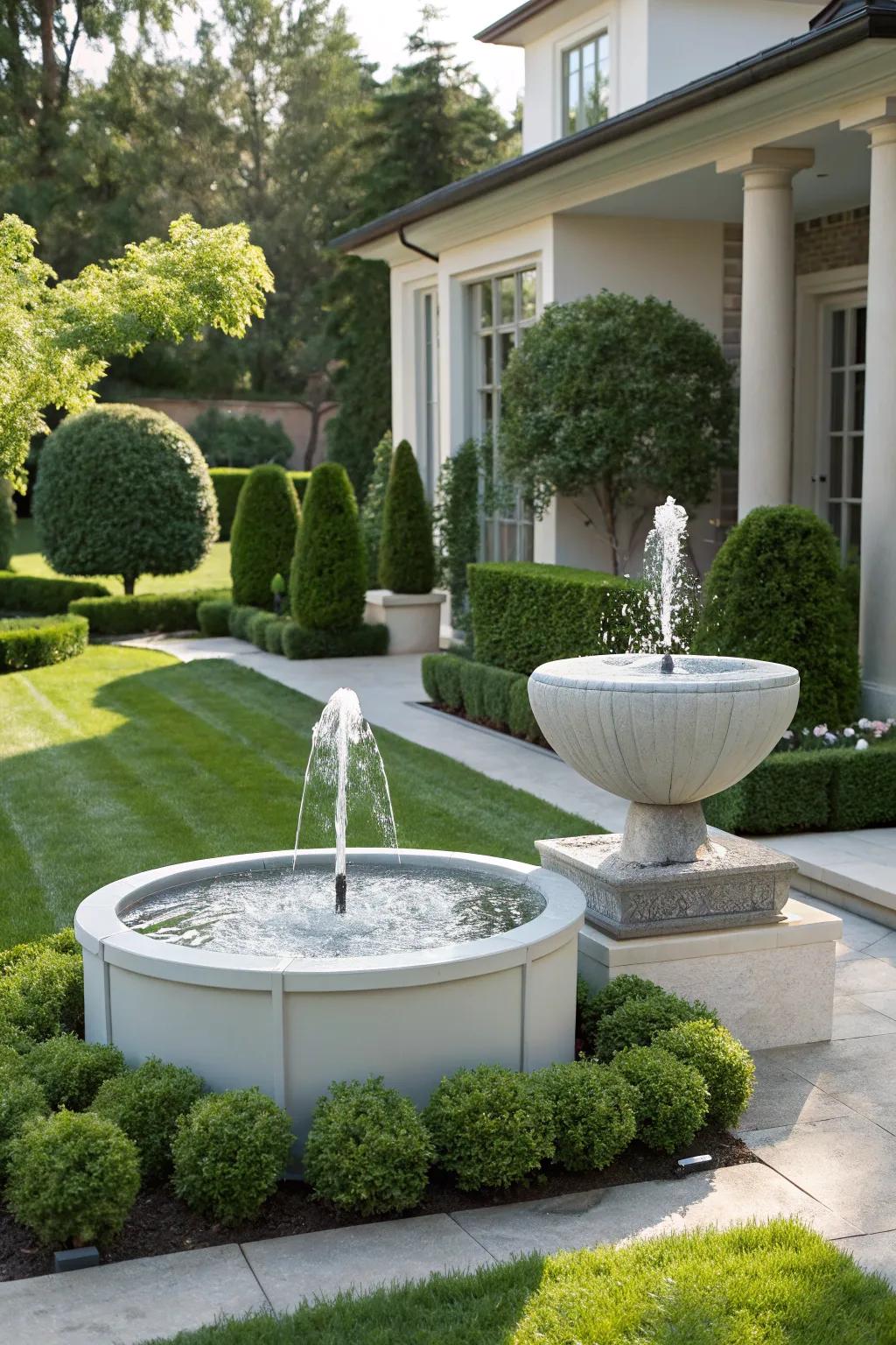 Sculpture fountains serve as striking statement pieces at the entrance.