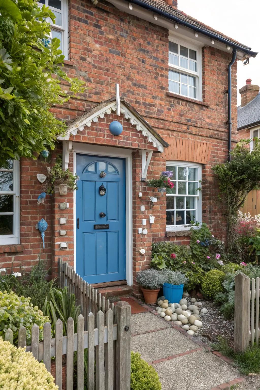 A coastal blue door offers a refreshing and relaxing vibe to a brick home.
