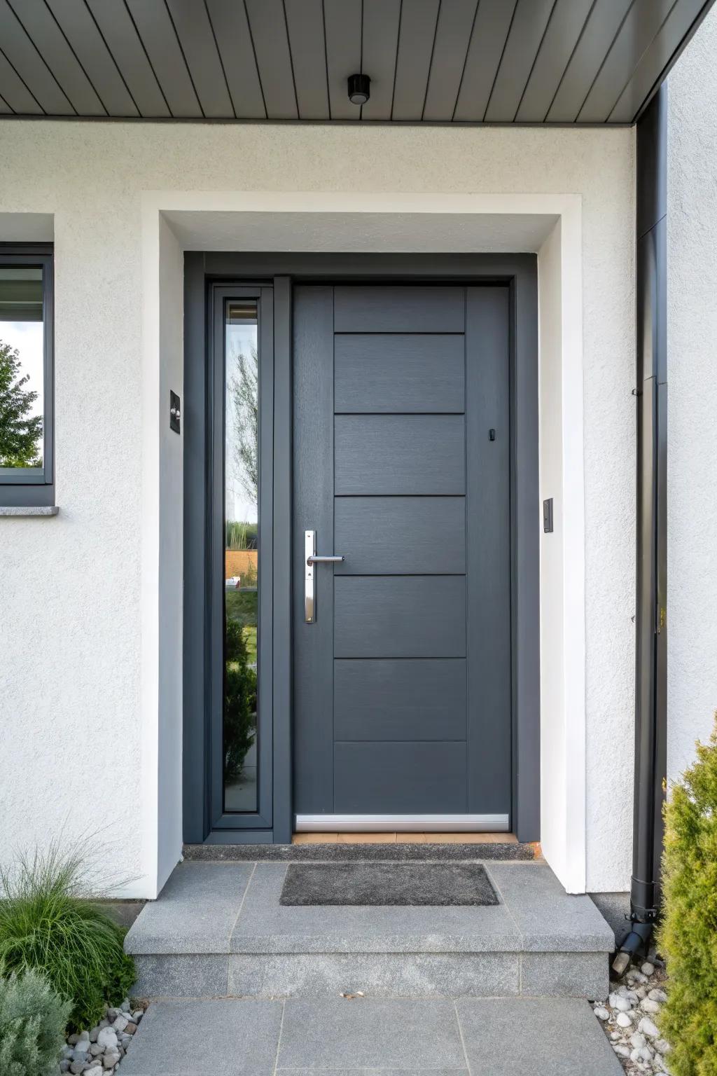 Sleek charcoal gray front door for a modern look.