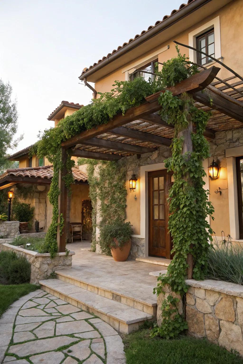 An artistic pergola brings charm and greenery to this entrance.