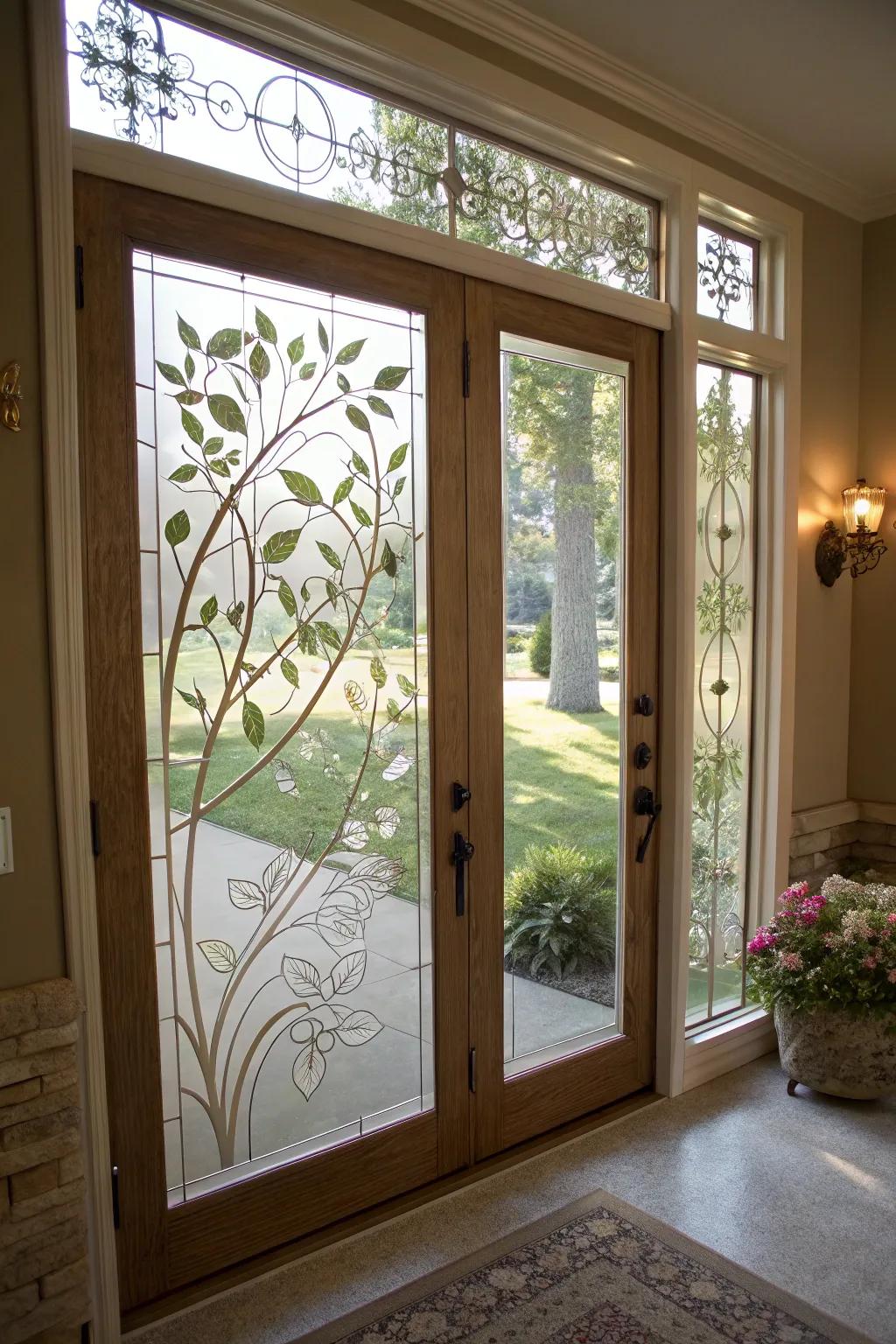 Nature-inspired glass designs bring the outdoors to your entrance.