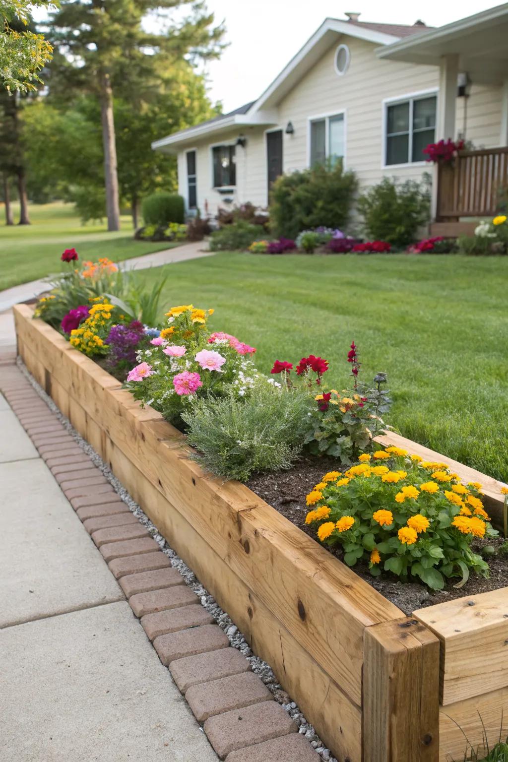Wooden edging adds rustic charm to your flower beds.