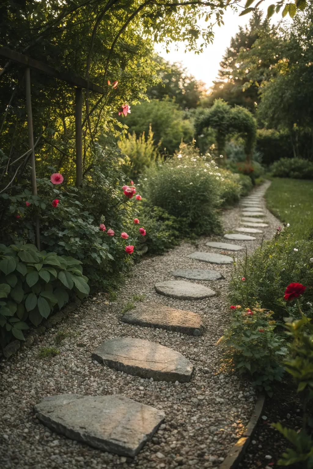 A practical and charming stepping stone and gravel path.