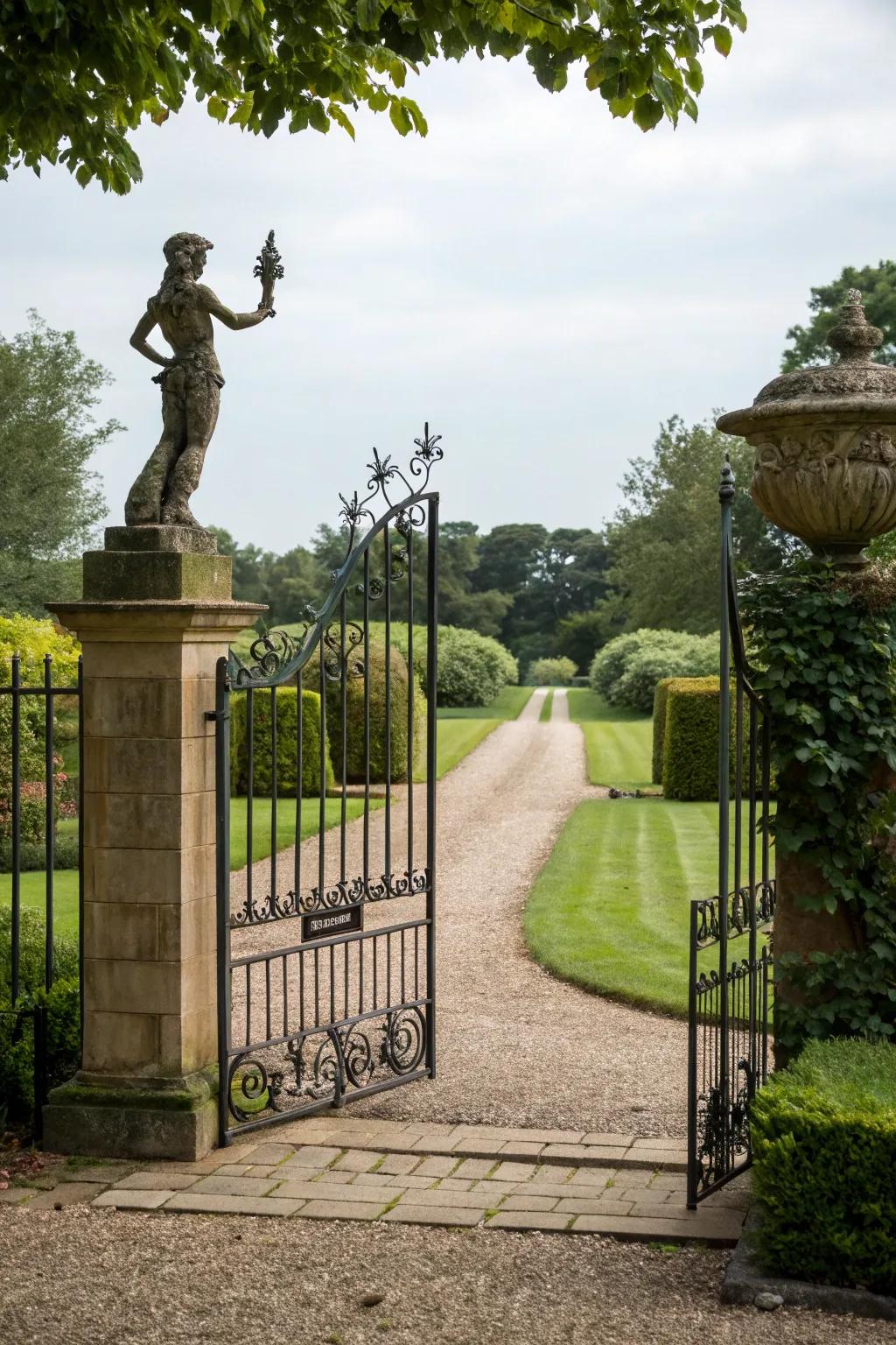 An expressive entrance with artistic sculptures.