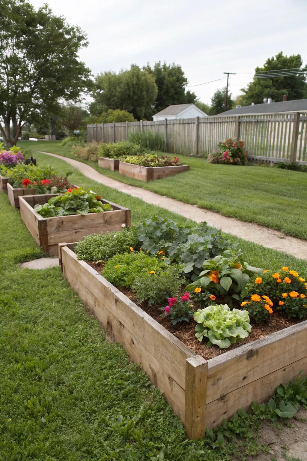 Raised beds are both practical and visually appealing.