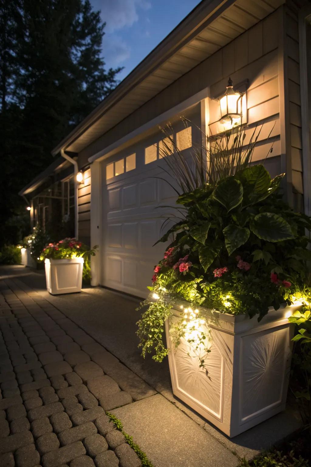 Create a magical ambiance with illuminated planters.