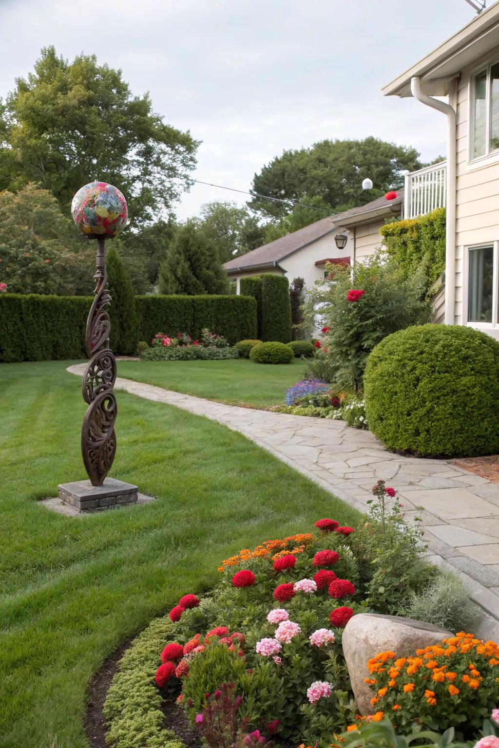 A unique sculpture adds personality to the front yard.