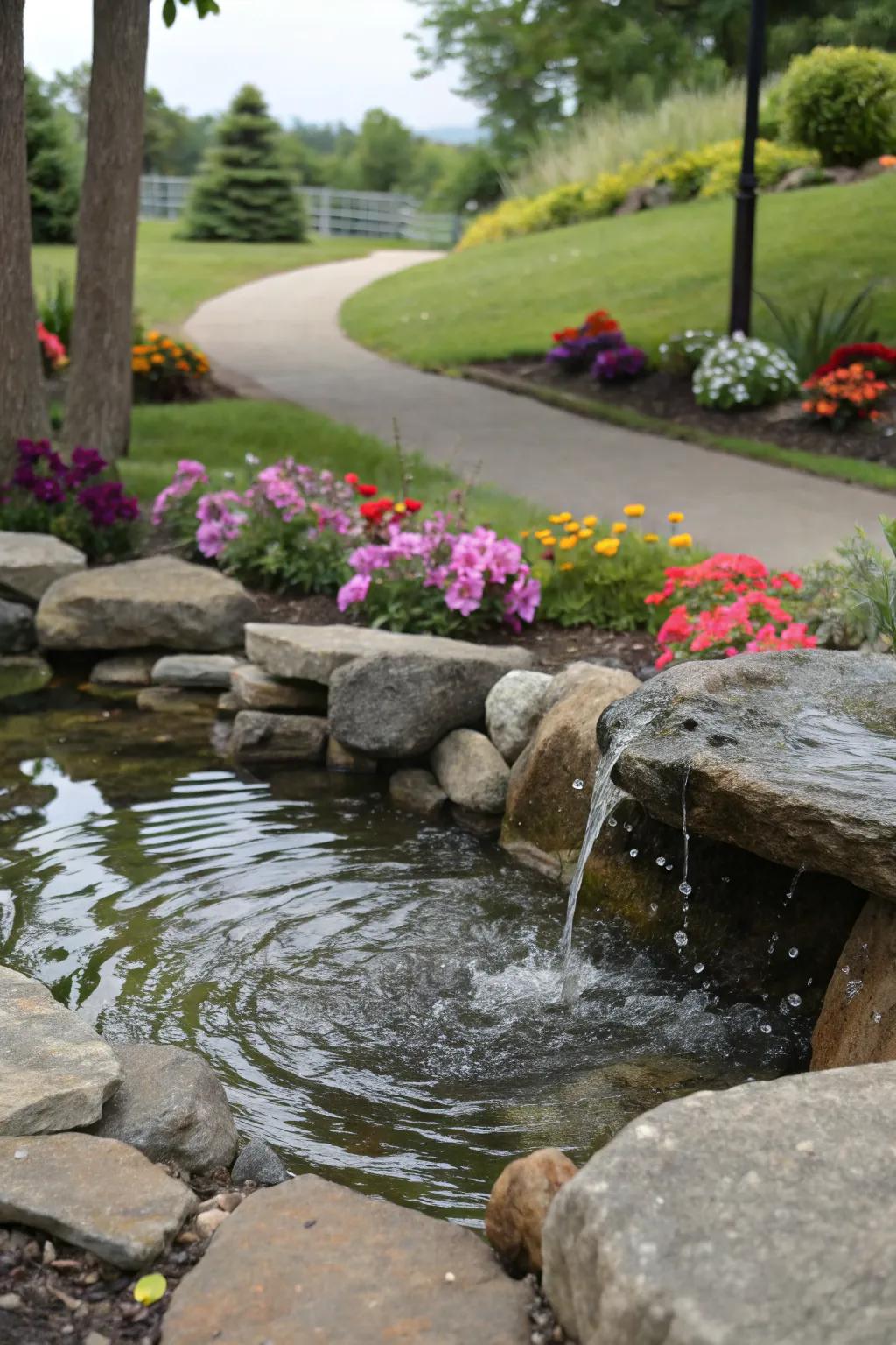 A serene water feature surrounded by rocks in the front yard.
