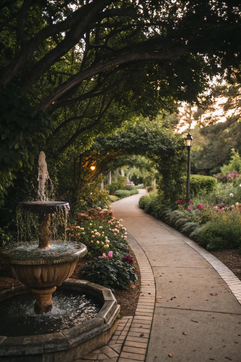 Serene pathway with a calming water feature.
