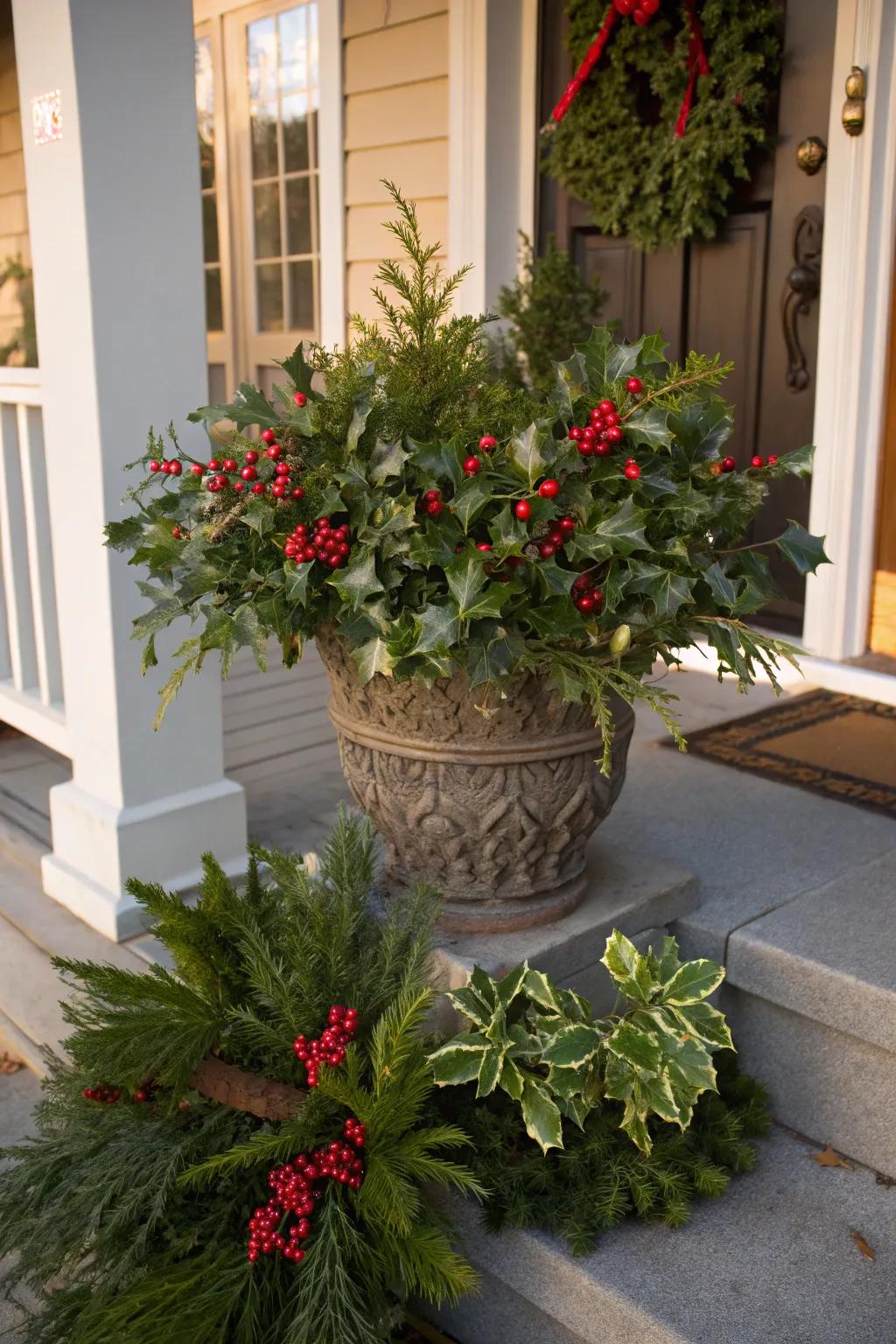 Holly leaves and berries bring traditional charm to planters.