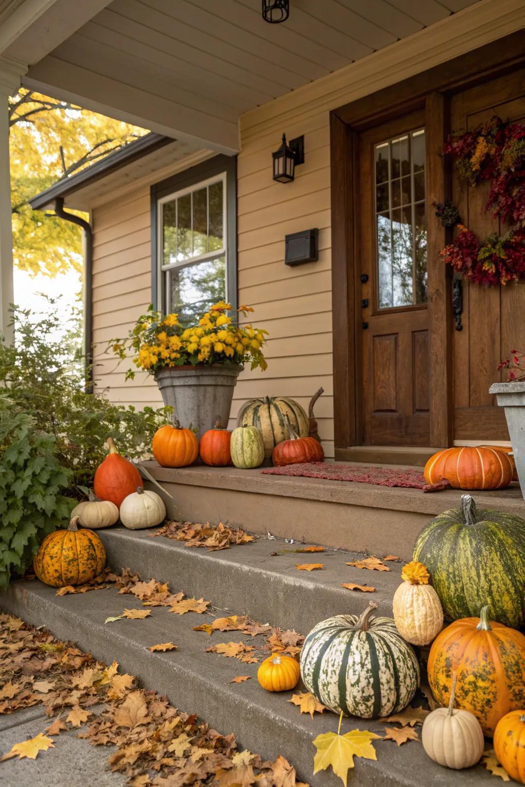A variety of gourds adding interest to a fall porch display.