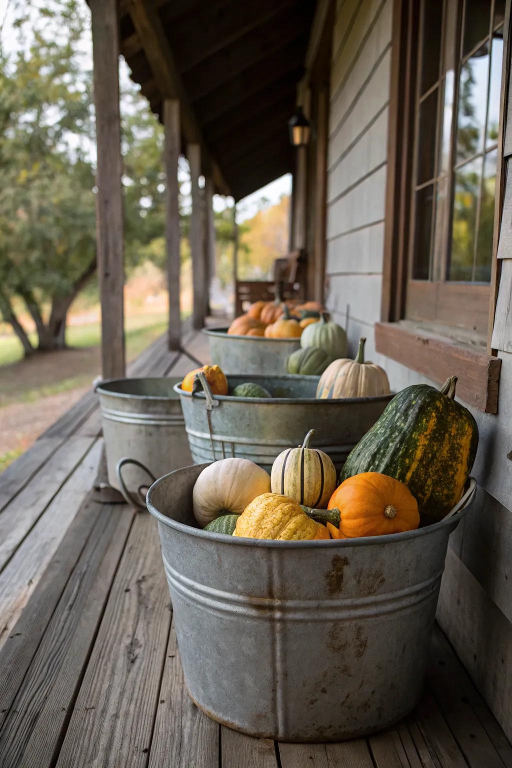 Gourds in metal buckets bring a playful twist.