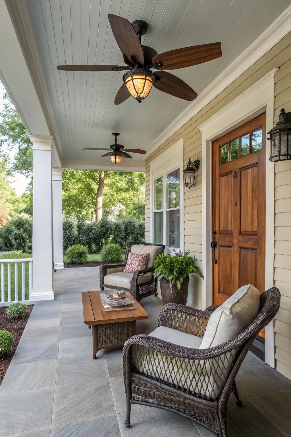 A ceiling fan provides comfort and style to your porch setup.