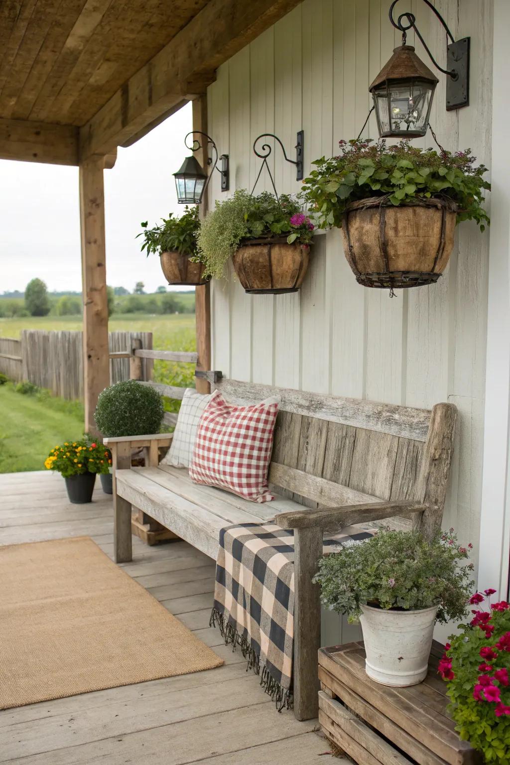 Farmhouse-style decor brings rustic charm to your porch.