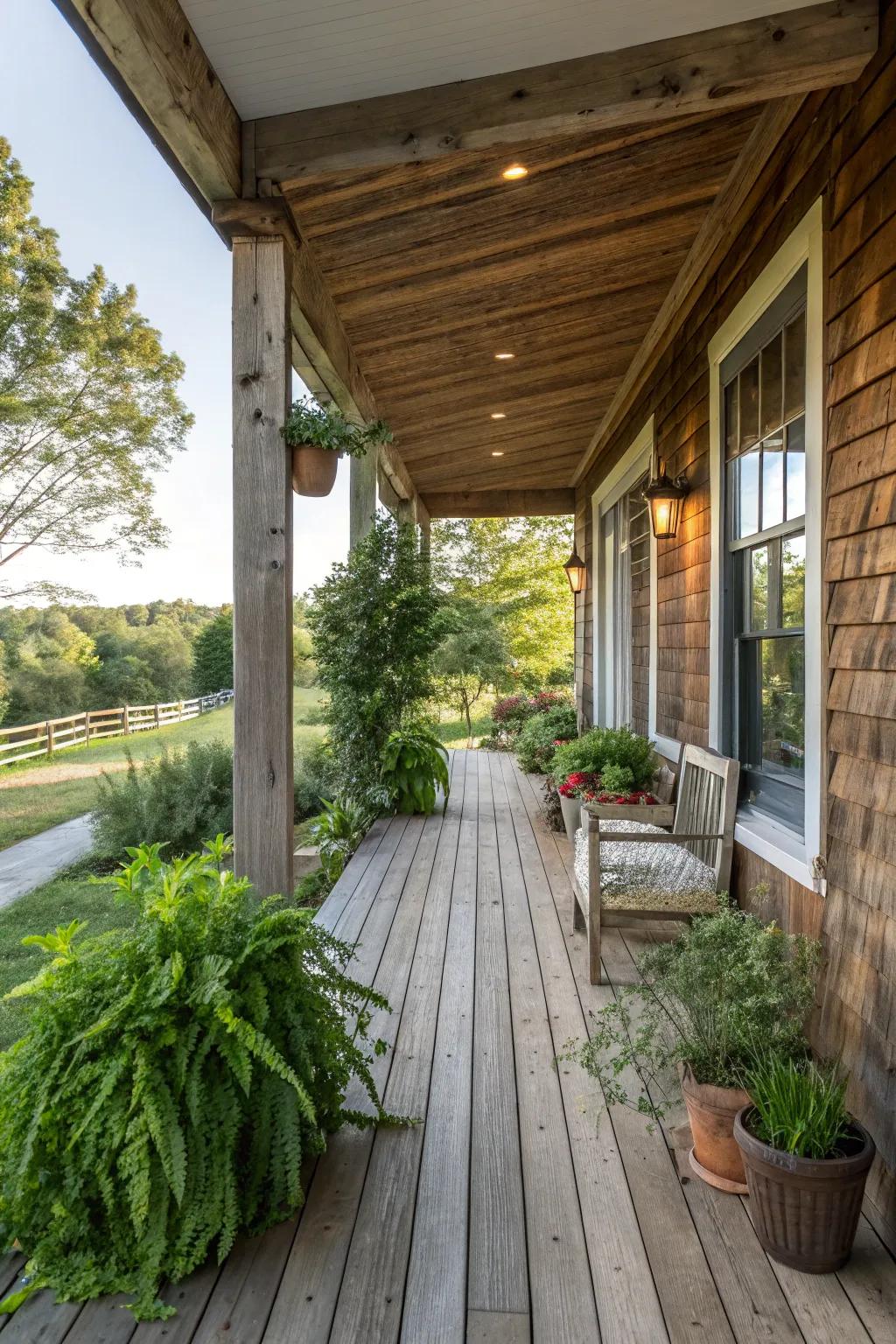 An eco-friendly porch with reclaimed wood elements.