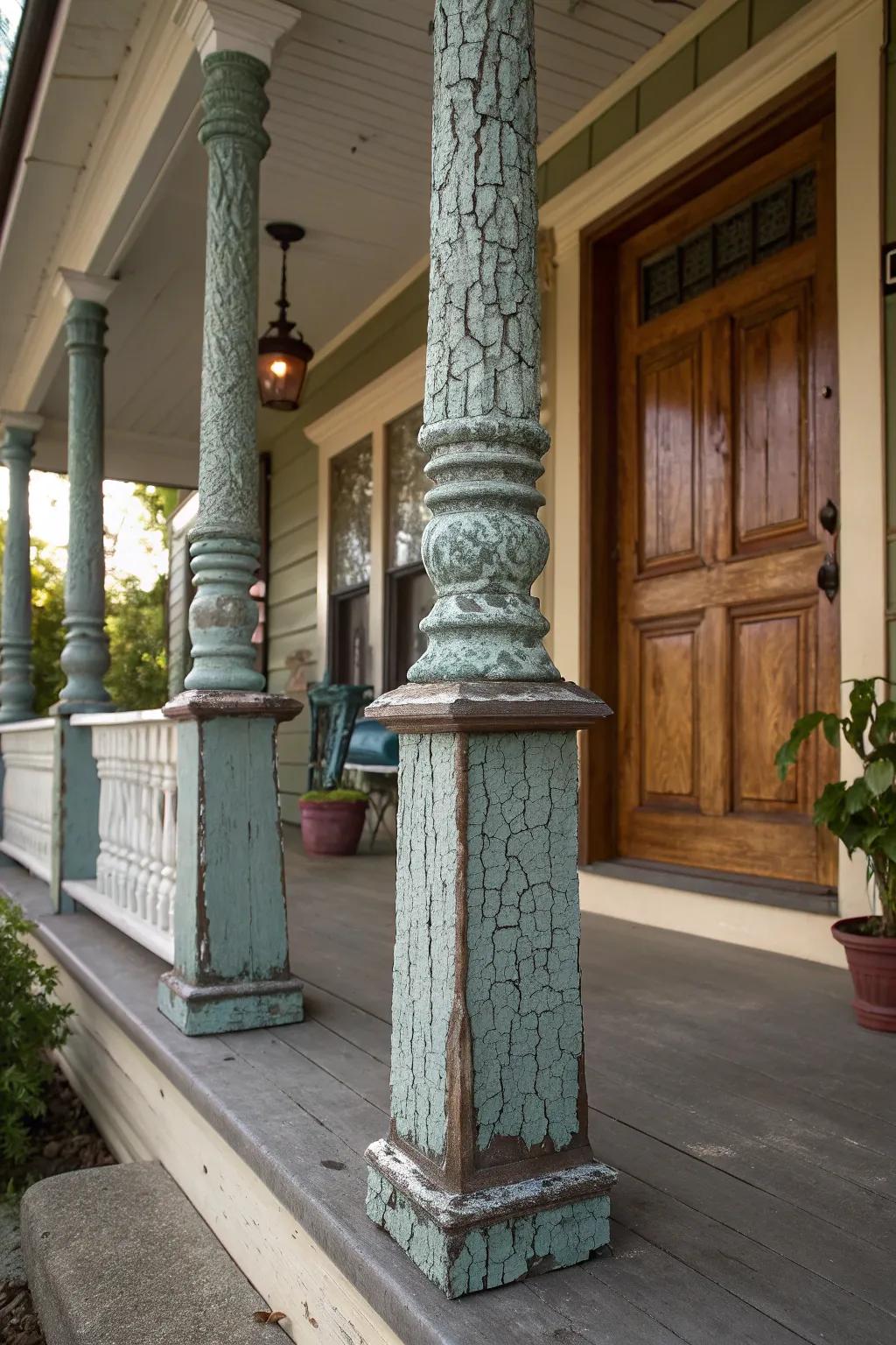 Textured paint finishes giving porch posts a unique tactile appeal.