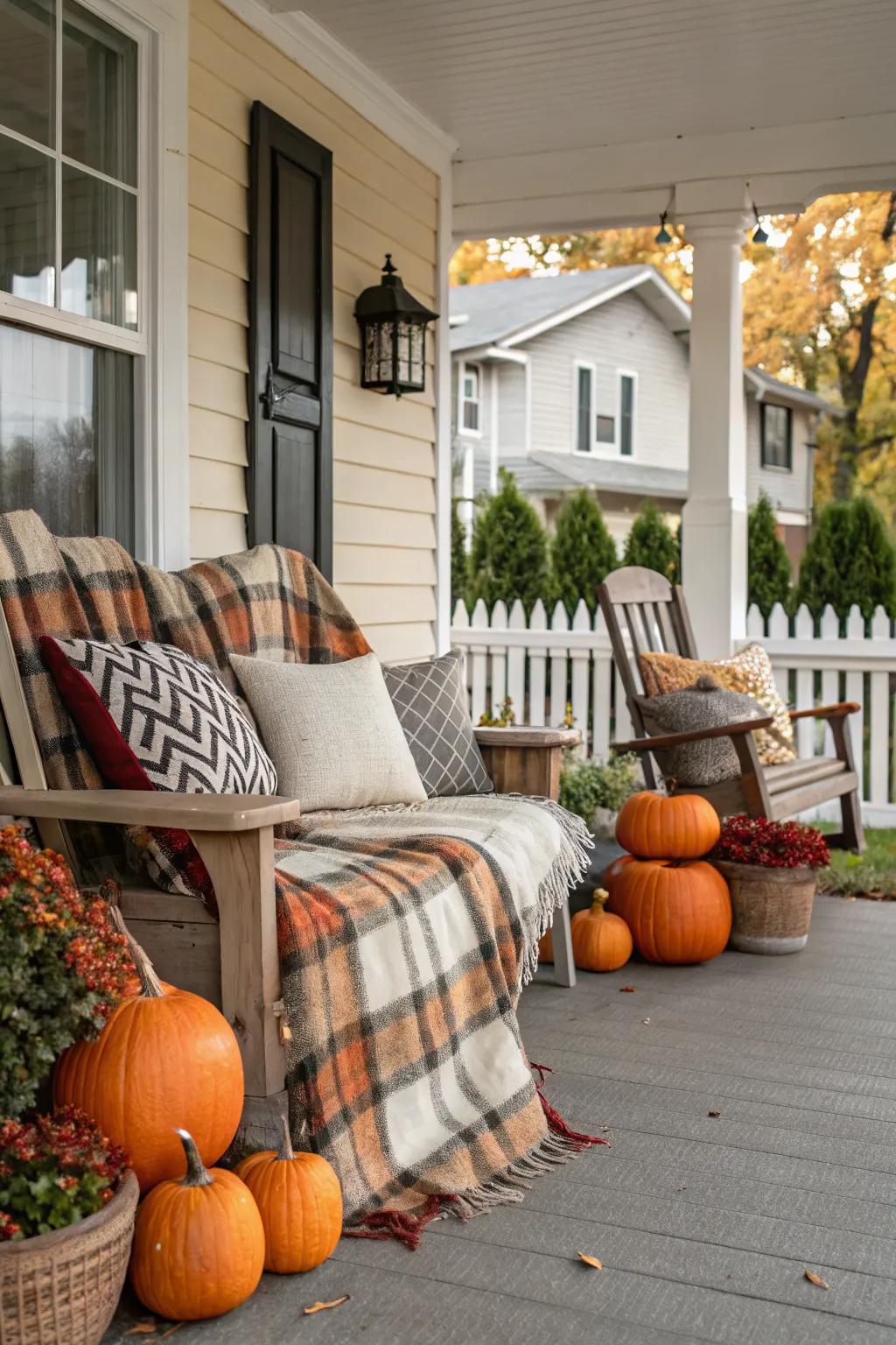 Plaid patterns and pumpkins create a timeless, cozy porch.