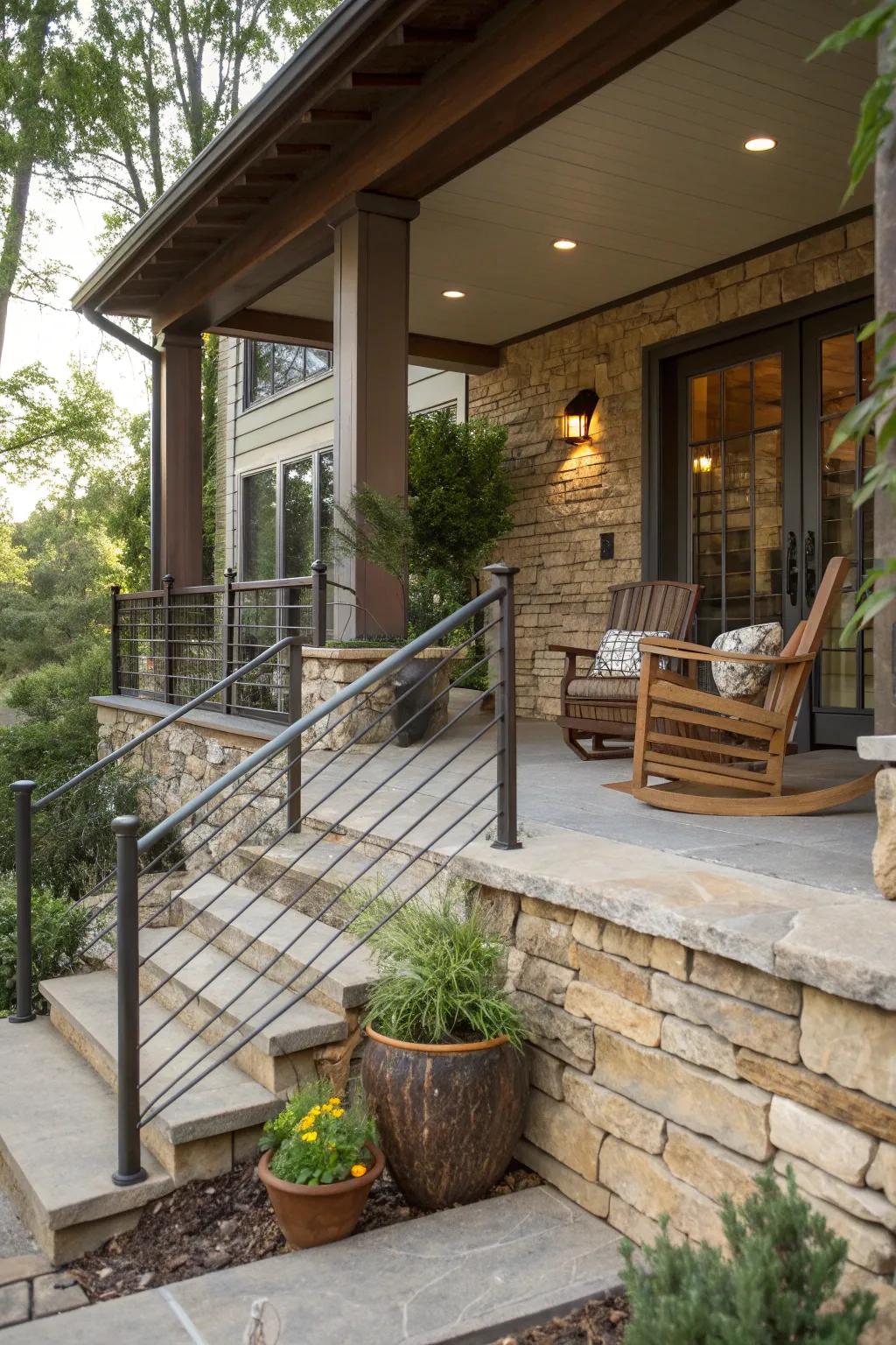 Stone and metal railings add texture and depth to your porch.