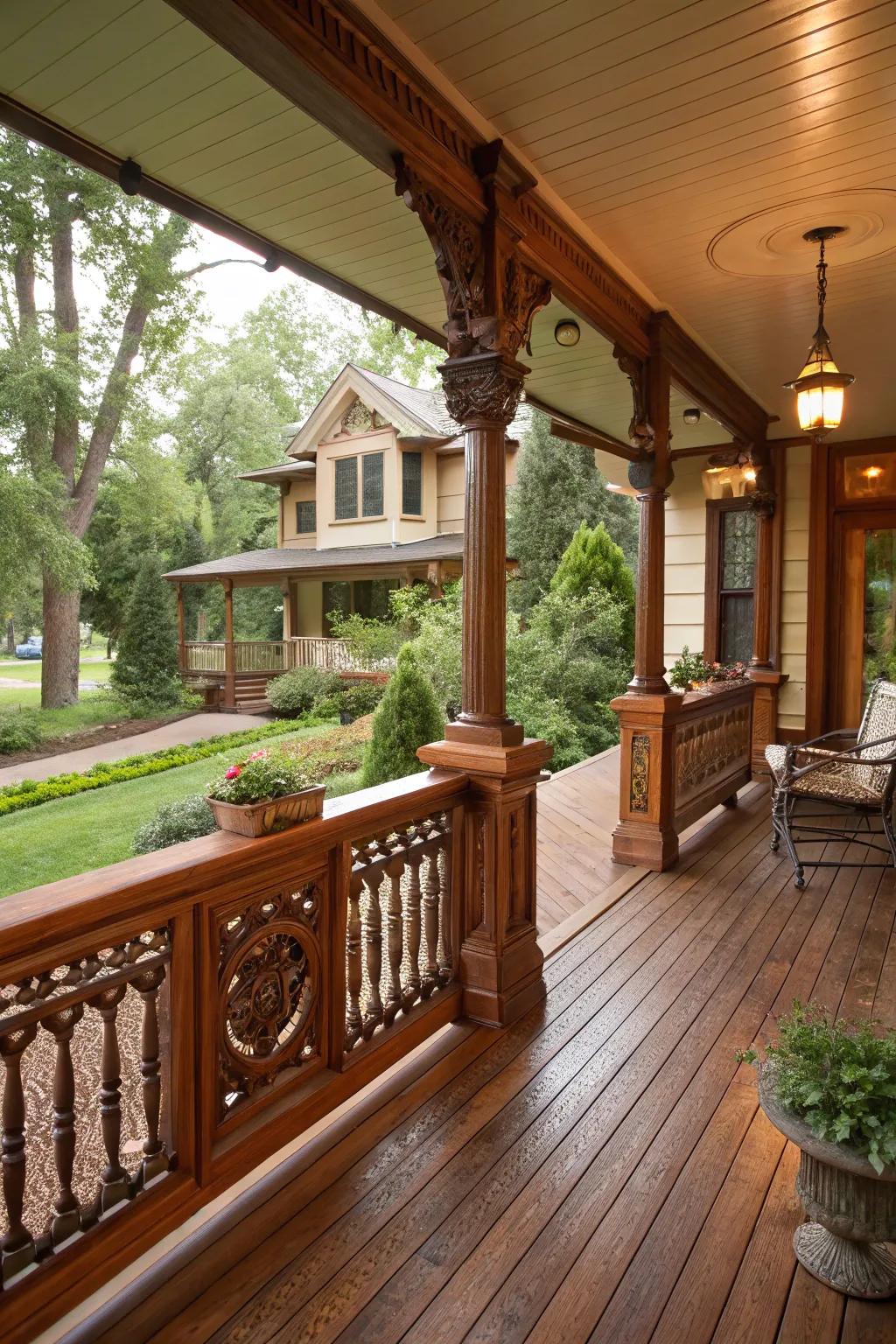 Artisanal handcrafted railings adding charm to the porch.