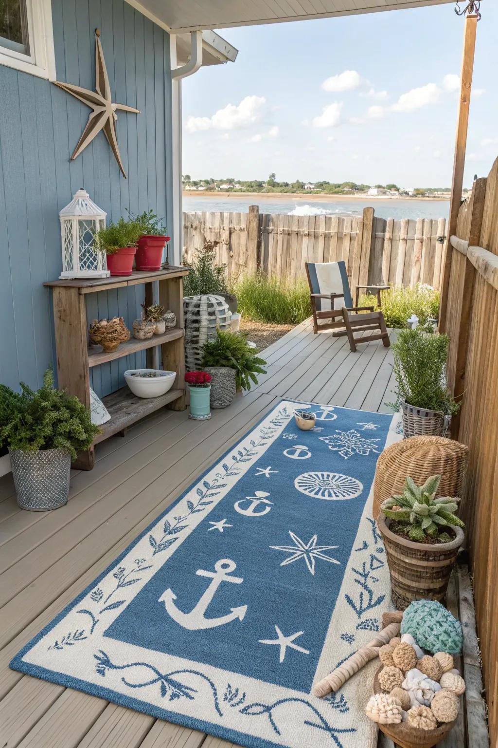 Coastal-themed rugs evoke the relaxing vibes of a seaside retreat.