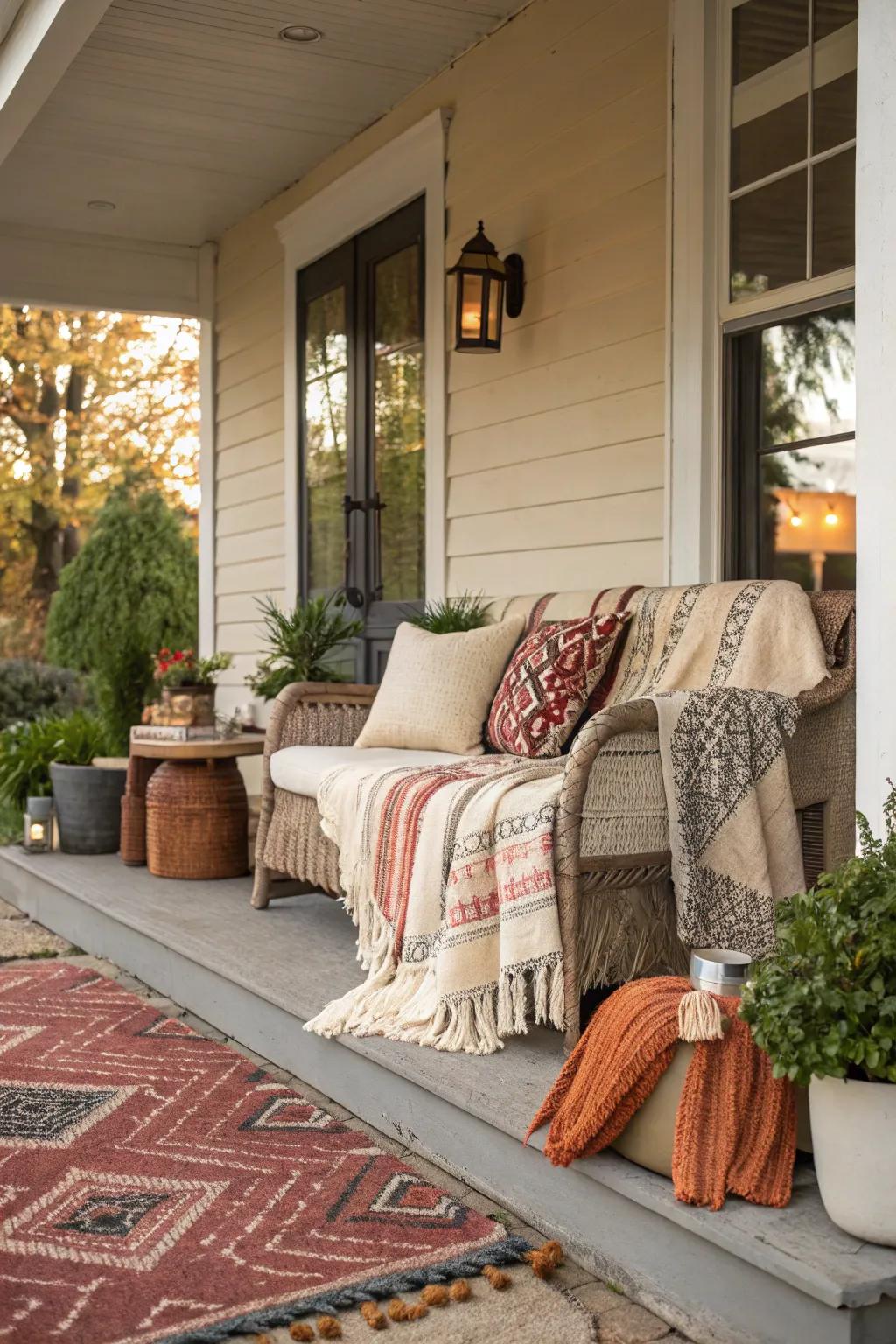 A porch enhanced with layered textiles, adding warmth and texture.