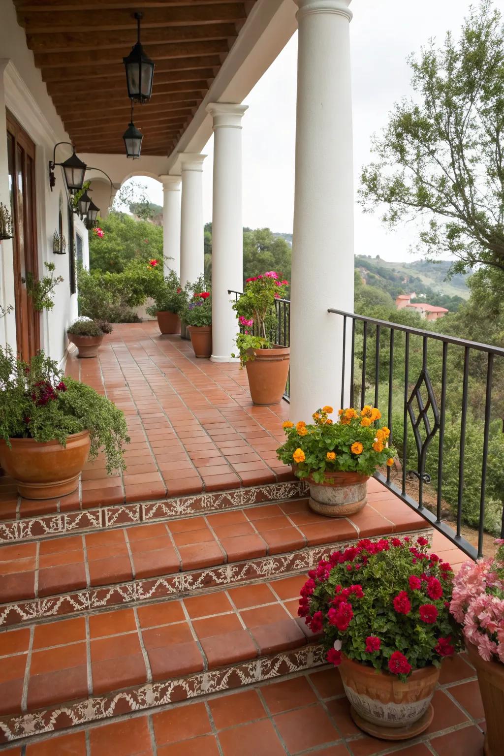 Mediterranean front porch with terracotta tile siding.