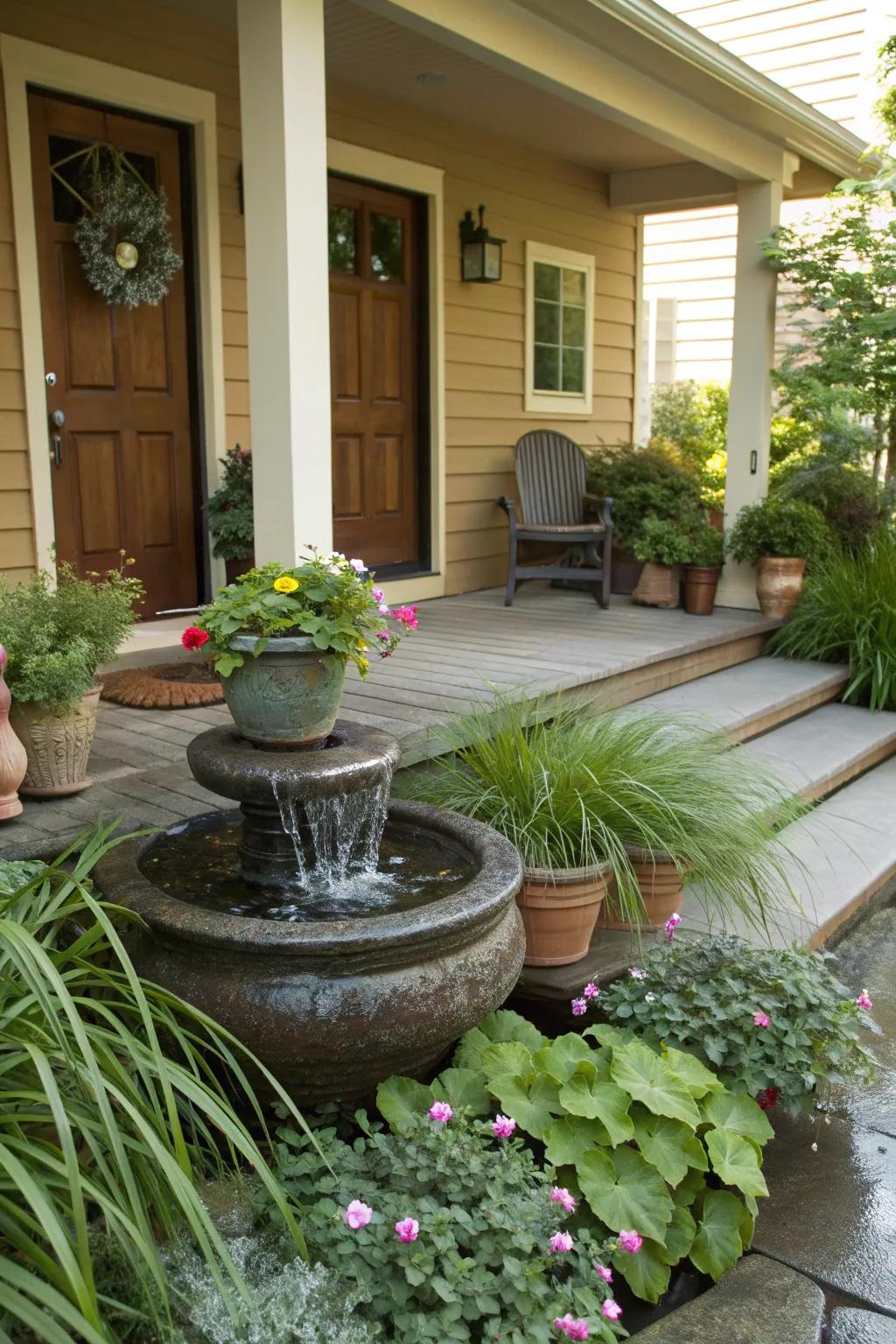 A water feature adds tranquility to your entrance.