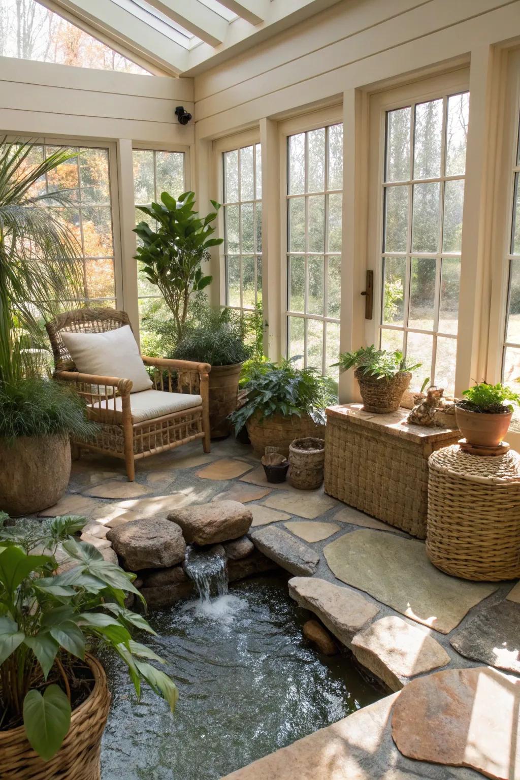 A calming water feature enhancing the tranquility of a sunroom.
