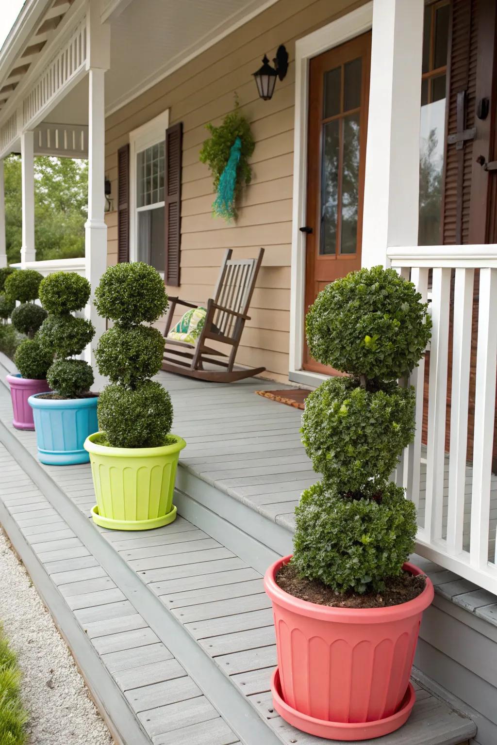 Bright pots add a pop of color to the porch.